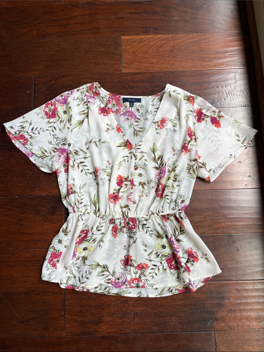 Eclair White Floral V-Neck Peplum Blouse with Pink and Red Flowers